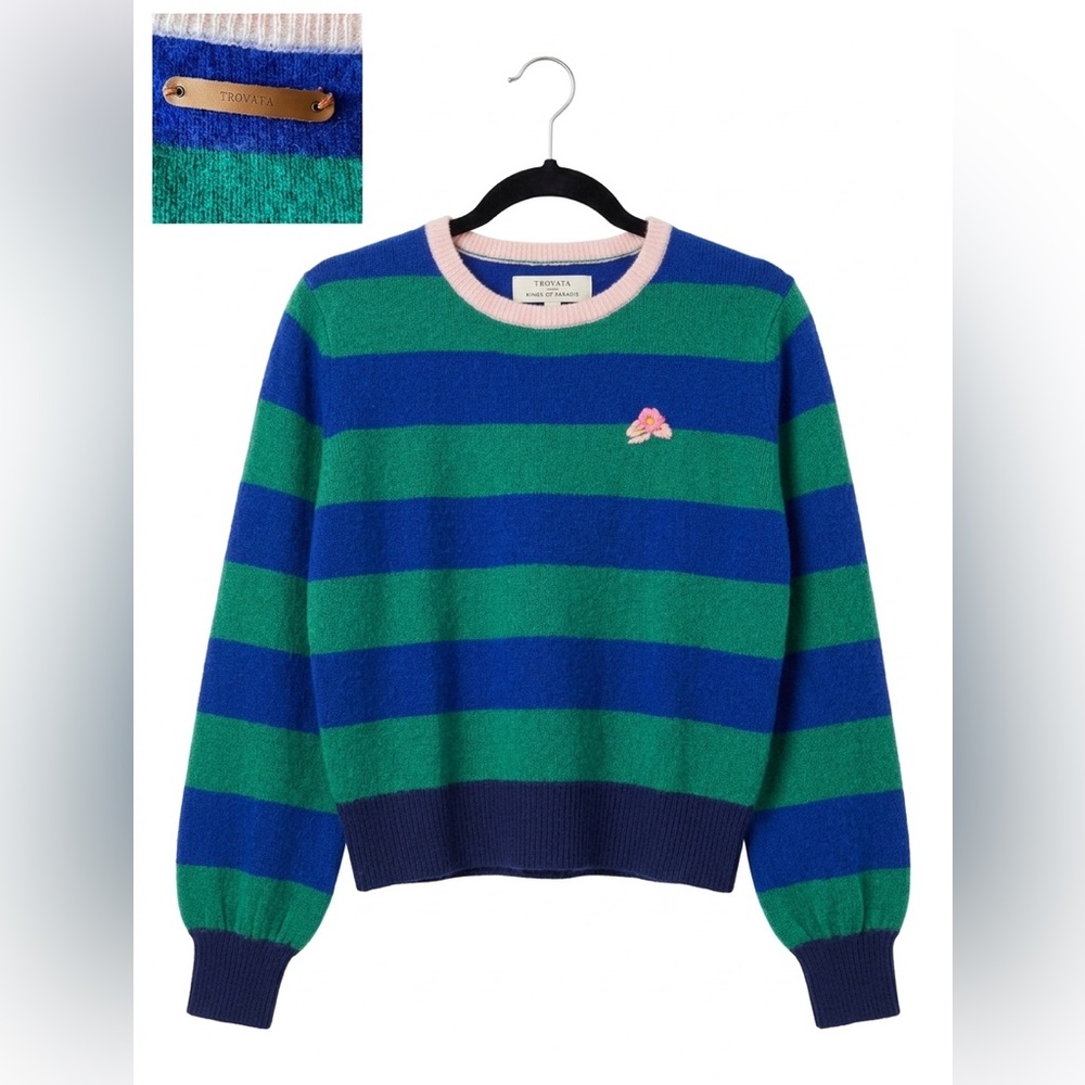 Trovata Birds of Paradis 100% Cashmere Ryann Striped Sweater - Blue/Green - XS